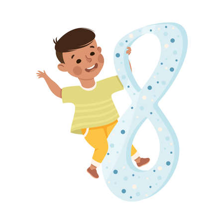 Little Boy with Huge Number Eight or Numeral Learning Basic Counting Vector Illustrationのイラスト素材