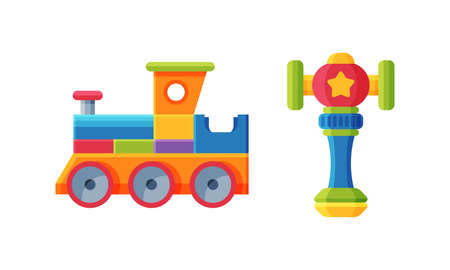 Baby toys set. Colorful train and hammer cartoon vector illustrationのイラスト素材