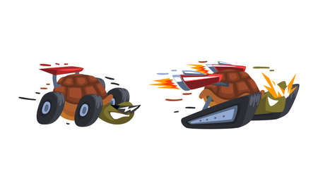 Funny fast turtles set. Tortoise on wheels cartoon vector illustrationのイラスト素材