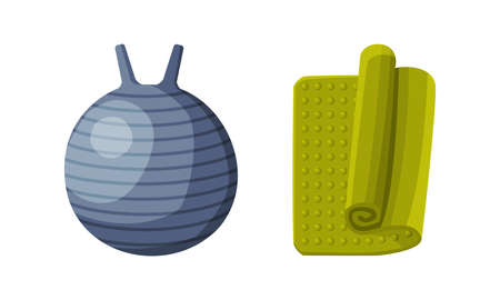 Fitness and sports equipment set. Yoga mat and fitness ball vector illustrationのイラスト素材