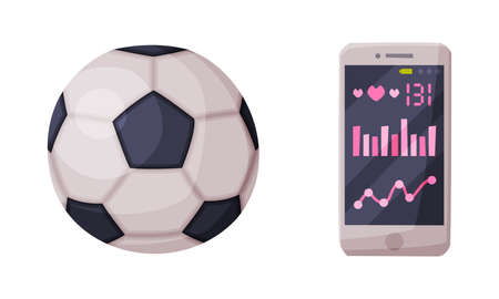 Fitness and sports equipment set. Soccer ball and Smartphone with fitness tracker app vector illustrationのイラスト素材