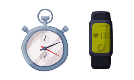 Fitness and sports equipment set. Smartwatch with heart rate and stopwatch vector illustrationのイラスト素材