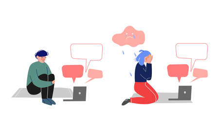 Stressed teenagers suffering from cyber bulluing. Teenage puberty problems vector illustrationのイラスト素材