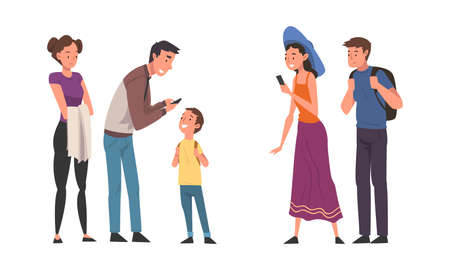 People using smartphones for ordering taxi car cartoon vector illustrationのイラスト素材