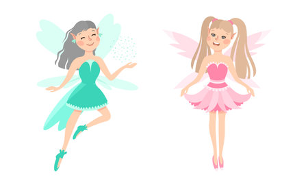 Set of happy little girls elves in blue and pink dress with wings vector illustrationのイラスト素材
