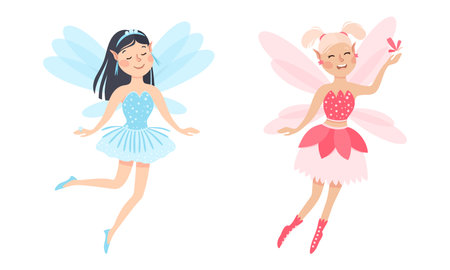 Set of happy girls elves in blue and pink dress with wings vector illustrationのイラスト素材