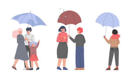 People walking under umbrellas set cartoon vector illustrationのイラスト素材