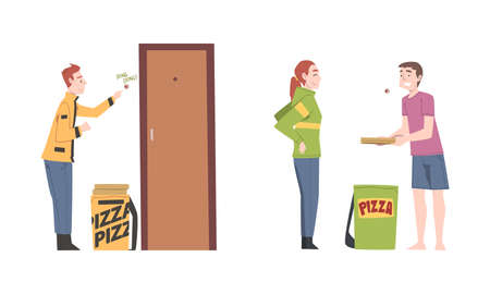 Pizza delivery service. Couriers delivering parcels to customers cartoon vector illustrationのイラスト素材