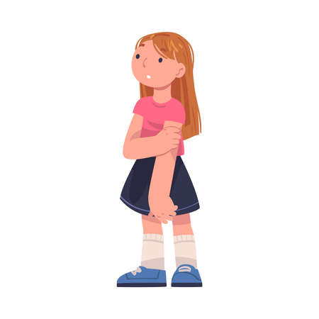 Little Puzzled Girl Standing Looking Up Talking to Somebody Vector Illustrationのイラスト素材