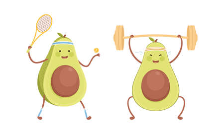 Cute avocado doing sports set. Funny healthy nutritious fruit playing tennis and lifting barbell cartoon vector illustrationのイラスト素材