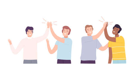 Guys giving high five set. Meeting of friends, informal greeting, command motivation and communication vector illustrationのイラスト素材