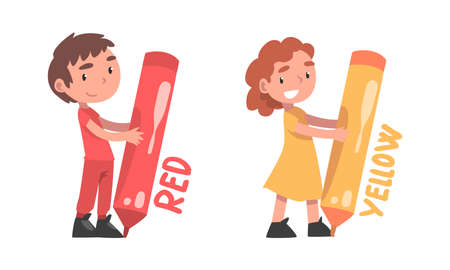 Cute children holding red and yellow pencils. Happy boy anf girl drawing with big crayons cartoon vector illustrationのイラスト素材