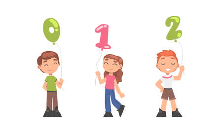 Cute boy and girl holding 0,1,2 number shaped balloons cartoon vector illustrationのイラスト素材