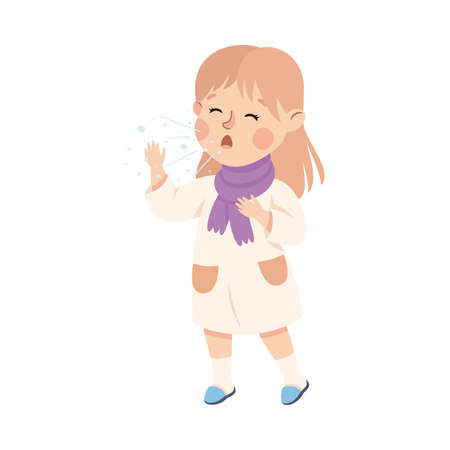 Sick Little Girl Coughing Feeling Unwell Suffering from Flu and Sore Throat Vector Illustrationのイラスト素材
