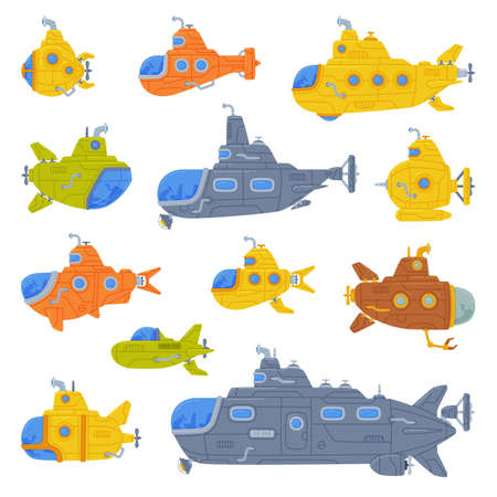Colorful Submarine Watercraft Swimming Underwater Vector Setのイラスト素材