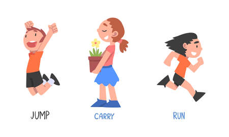 Kids engaged in different activities set. Jump, carry and run action verbs for children education cartoon cartoon vector illustrationのイラスト素材