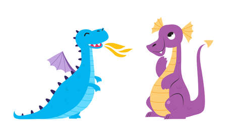 Cute baby dragons set. Funny blue and purple little dinosaurs, fairytale creatures cartoon vector illustrationのイラスト素材