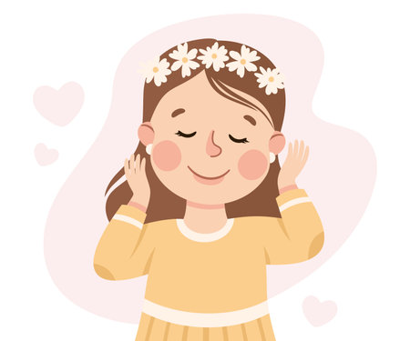 Self-love with Little Girl Admiring Herself Loving Her Appearance Vector Illustrationのイラスト素材