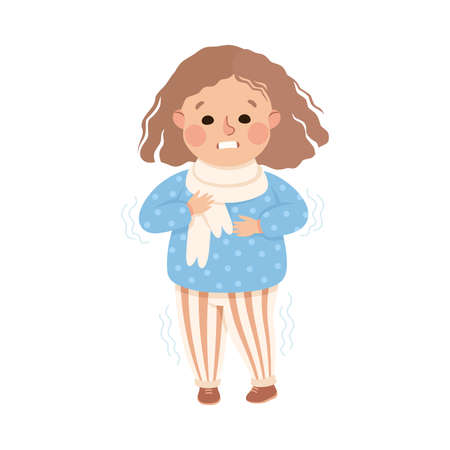Sick Little Girl Feeling Unwell Suffering from Fever Shivering with Cold Vector Illustrationのイラスト素材
