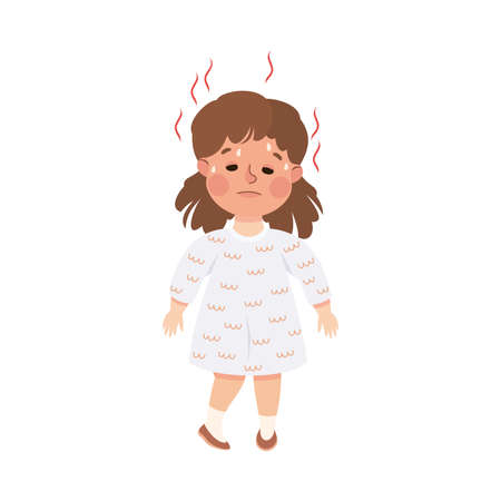 Sick Little Girl Feeling Unwell Suffering from Fever Vector Illustrationのイラスト素材