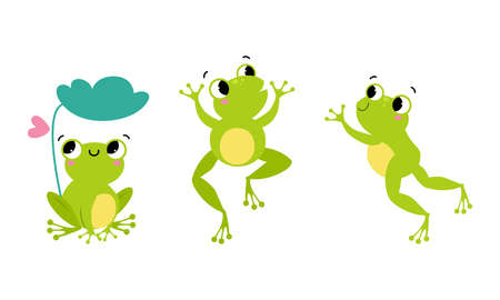 Set of cute little green baby frog in different actions cartoon vector illustrationのイラスト素材
