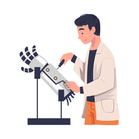 Man Scientist Character in White Coat Working with Robotic Hand Vector Illustrationのイラスト素材