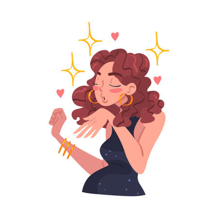 Self Love with Woman Character Admiring Herself Delighted with Her Appearance with Heart Around Vector Illustrationのイラスト素材