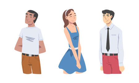 Young men and woman in casual clothes. Set of cheerful multicultural students cartoon vector illustrationのイラスト素材