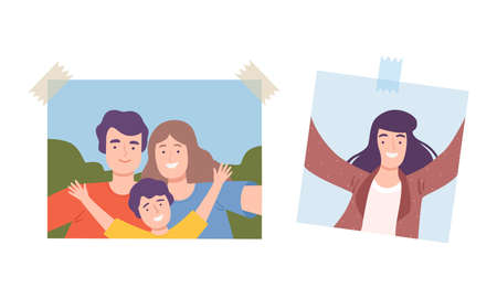 Photos of happy people pinned to the wall set. Selfie portraits of family and beautiful girl cartoon vector illustrationのイラスト素材