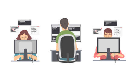 Programmers or freelancers working on computers set cartoon vector illustration