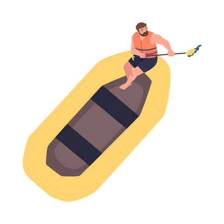 Man Character Rafting in Inflatable Boat Rowing with Paddle Engaged in Water Sport Vector Illustrationのイラスト素材