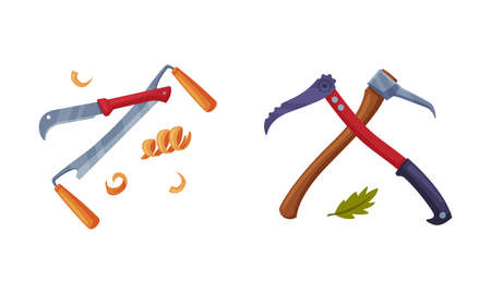 Woodworker and lumberjack tools set. Equipment for wood processing and carpentry cartoon vector...