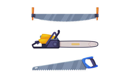 Tools for wood processing and carpentry. Saws set. Woodworker and lumberjack equipment cartoon vector illustrationのイラスト素材