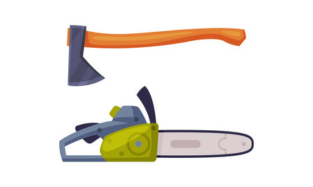 Timber industry tools set. Axe and chainsaw for woodworking vector illustrationのイラスト素材