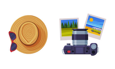 Wide Brimmed Hat with Sunglasses and Camera with Photo as Travel and Tourism Vector Setのイラスト素材