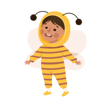 Little Boy in Theater Play Wearing Striped Bee Costume Performing on Stage Vector Illustrationのイラスト素材