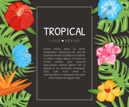 Tropical Flowers and Foliage Card Design with Fern and Hibiscus Vector Templateのイラスト素材