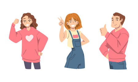 Elated Male and Female Showing V Sign and Thumb Up as Approval or Agreement Gesture Vector Set