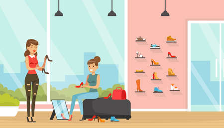 Young Woman in Fashion Store Trying on Pair of Shoes Doing Shopping Vector Illustrationのイラスト素材