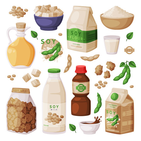 Soy Products from Soybean Plant with Soy Meat, Oil in Jar and Milk Vector Setのイラスト素材