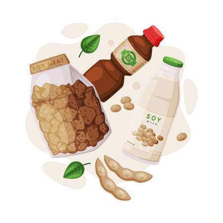 Natural Soy Products from Soybean Plant with Meat, Sauce and Milk in Bottle Vector Compositionのイラスト素材
