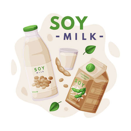 Natural Soy Product from Soybean Plant with Milk in Carton and Bottle Vector Compositionのイラスト素材