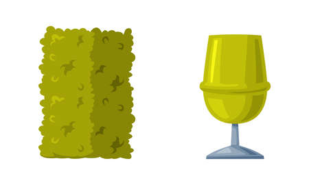 Green Shaped Bush with Lush Foliage and Urn or Trash Bin as Park Zone Element Vector Illustration Setのイラスト素材