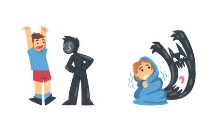 Childhood Fear with Scary Monster Frightening Little Boy Vector Setのイラスト素材