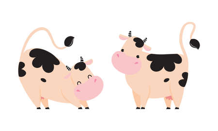 Cute Cow with Hoof Standing and Stretching Vector Setのイラスト素材