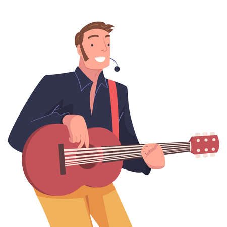 Man Singer and Musician with Microphone and Guitar Performing Music on Stage Vector Illustrationのイラスト素材