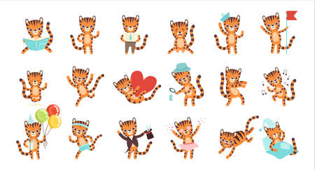 Cute Little Tiger Character with Striped Coat Engaged in Different Activity Vector Big Setのイラスト素材