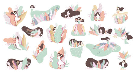 Young Woman in Lush Flowers and Foliage Enjoying Fresh Nature Vector Big Setのイラスト素材