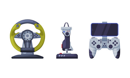 Gamepad and Steering Wheel as Game Controller and Input Device for Video Game Console Vector Setのイラスト素材
