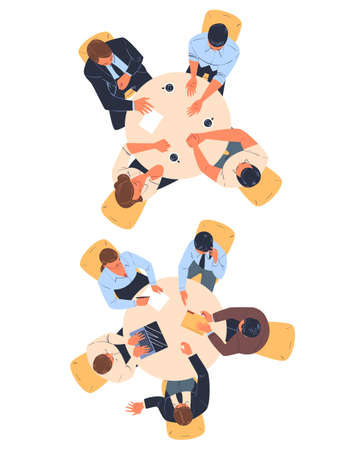 Teamwork with Office Worker Brainstorming at Table Discussing Project Above View Vector Setのイラスト素材